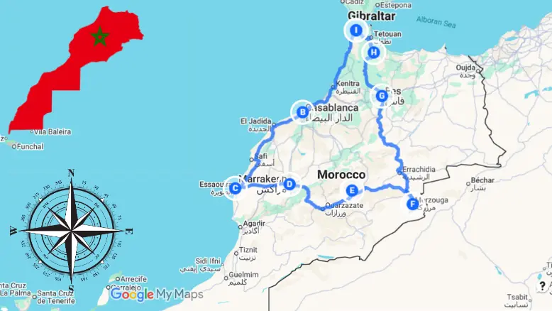 Map of 14 Days Morocco Tour from Tangier