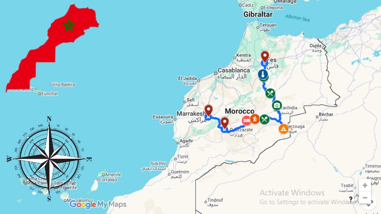 Map of 3 Days Marrakech to Fes Desert Tour