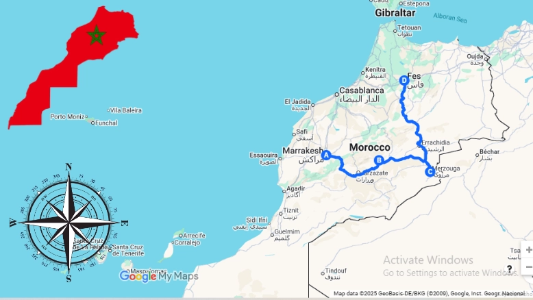 Map of Marrakech to Fes 4 Days Desert Tour